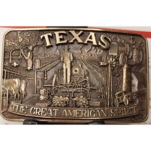 1980's Texas Great American Spirit Solid Brass Belt Buckle U.S.A. NOS